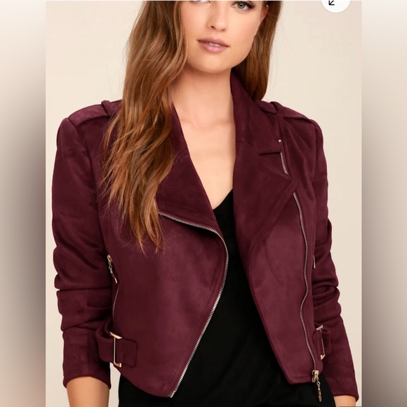 LULU'S Burgundy Faux Suede Zip Lined Long Sleeve Moto Style Jacket Medium - Picture 1 of 10